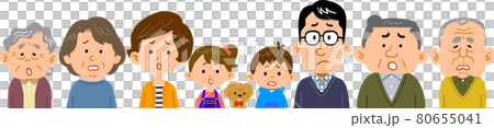 Illustration of the upper body of a four-generation family with a troubled expression 80655041