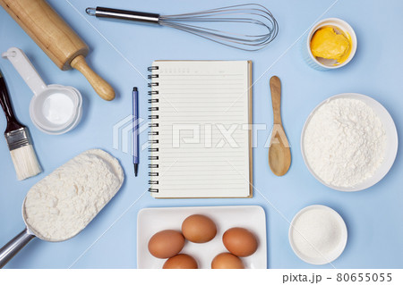 food ingredients on a blue background food ingredients on a blue background 80655055