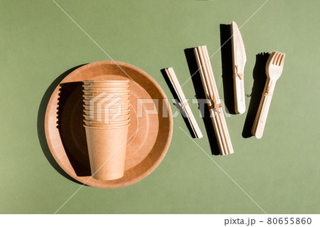 Set of Eco friendly tableware for home and picnic on green background. Plastic free. Zero waste concept. Disposable paper tableware, cups, plates, wooden forks, knives, spoons and bamboo straws Set of Eco friendly tableware for home and picnic on green background. Plastic free. Zero waste concept. Disposable paper tableware, cups, plates, wooden forks, knives, spoons and bamboo straws 80655860