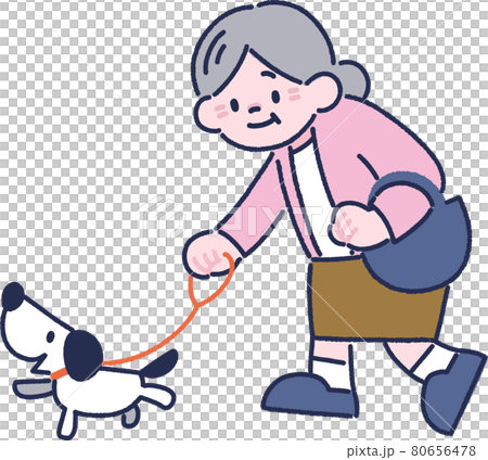 Grandmother walking a dog 80656478