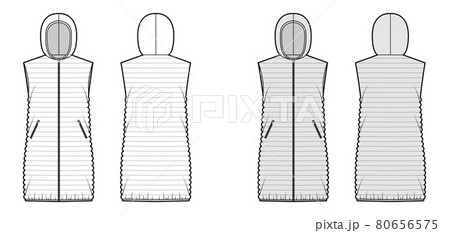 Down vest puffer waistcoat technical fashion illustration with sleeveless, hoody collar, loose fit, narrow quilting Down vest puffer waistcoat technical fashion illustration with sleeveless, hoody collar, loose fit, narrow quilting 80656575