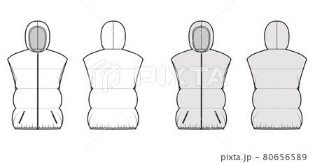 Down vest puffer waistcoat technical fashion illustration with hoody collar, zip-up closure, hip length, wide quilting Down vest puffer waistcoat technical fashion illustration with hoody collar, zip-up closure, hip length, wide quilting 80656589