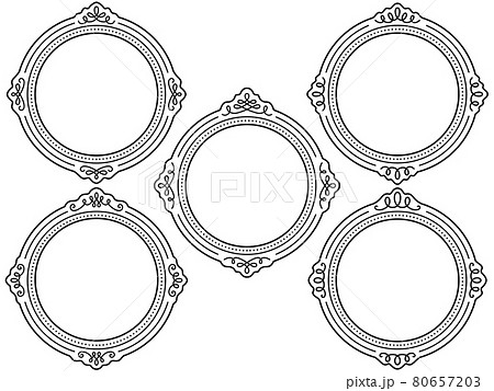 洋風の装飾付きの円形額縁フレームの線画のイラスト素材