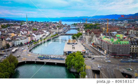 Flight over River Limmat in Zurich Switzerland Flight over River Limmat in Zurich Switzerland 80658317