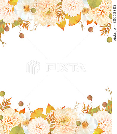 秋色の花とつぼみがある植物のレトロモダンなかわいい白バック秋のベクターフレームイラスト素材のイラスト素材