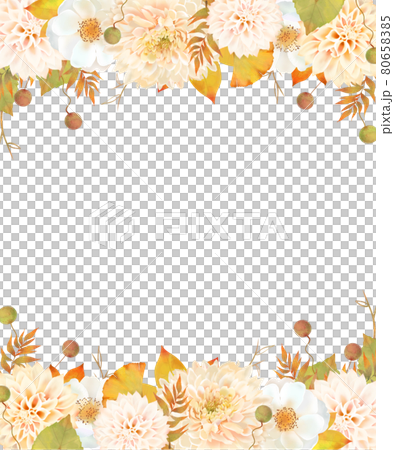 秋色の花とつぼみがある植物のレトロモダンなかわいい白バック秋のベクターフレームイラスト素材 80658385