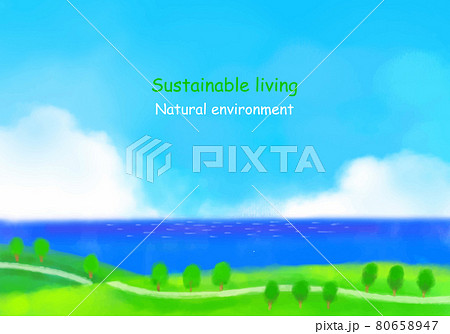 海と緑の丘の道の水彩イラスト 80658947