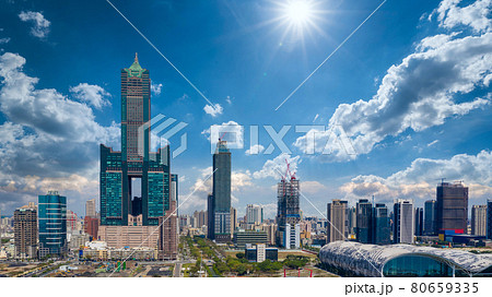 Kaohsiung city with blue sky background and Kaohsiung harbor, Taiwan, Aerial view. Kaohsiung city with blue sky background and Kaohsiung harbor, Taiwan, Aerial view. 80659335