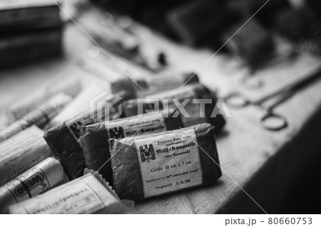 Old Packages German Deutsch Wehrmacht Medical Bandage From Times Of World War II. WW2 WWII. Black And White. Wehrmacht Medical Equipment 80660753
