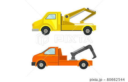 Tow Truck or Wrecker as Lorry Moving Disabled or Improperly Parked Motor Vehicle Vector Set 80662544