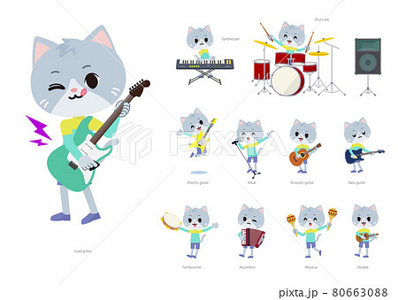 ロックンロールやポップミュージックを演奏するネコの男の子のセット 80663088