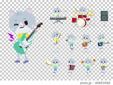 ロックンロールやポップミュージックを演奏するネコの男の子のセット 80663088