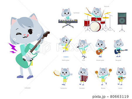 ロックンロールやポップミュージックを演奏するネコの女の子のセットのイラスト素材