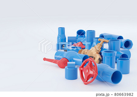 Blue PVC Plastic drain fittings and a brass tap on a white background. Closeup and copy space for text or article on the left. The concept of plumber maintenance work. 80663982