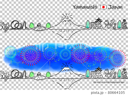 Simple line drawing set of Yamanashi cityscape and fireworks 80664105