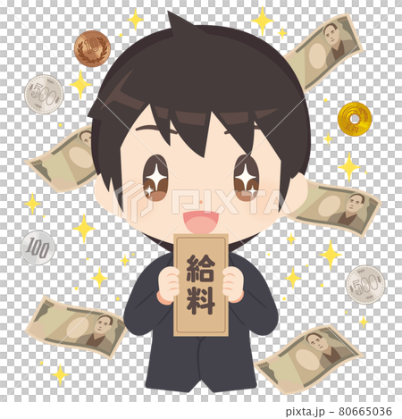 一個商務人士的插圖,背景是一大筆錢的工資袋 一個商務人士的插圖,背景是一大筆錢的工資袋 80665036
