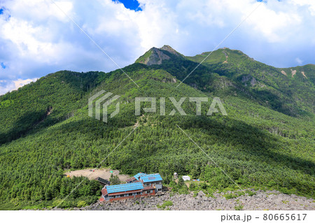 南八ヶ岳 編笠山登山道から青年小屋と権現岳を望む 南八ヶ岳 編笠山登山道から青年小屋と権現岳を望む 80665617