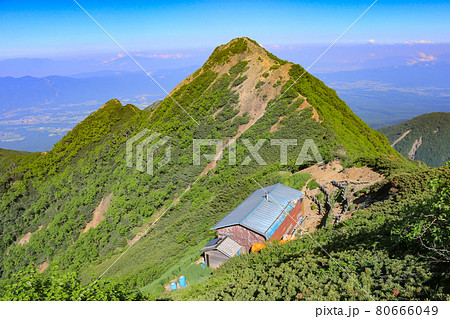 南八ヶ岳 権現岳東峰山頂から権現小屋、権現岳西峰、編笠山を望む 南八ヶ岳 権現岳東峰山頂から権現小屋、権現岳西峰、編笠山を望む 80666049