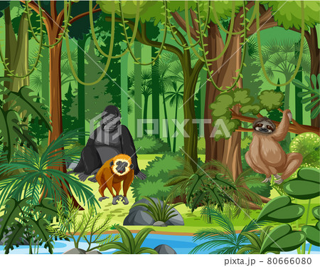 Wild animals with stream flowing through the forest scene 80666080