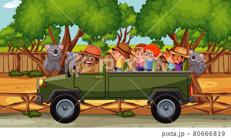 Children group at the zoo with many koalas 80666819