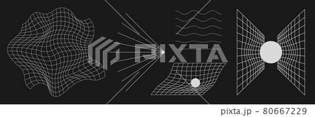Set of retrofuturistic design elements. Liquid distorted grid, gravity visualization, wavy lines in cyberpunk 80s style. Cyber design elements for poster, cover retrowave style. Vector 80667229