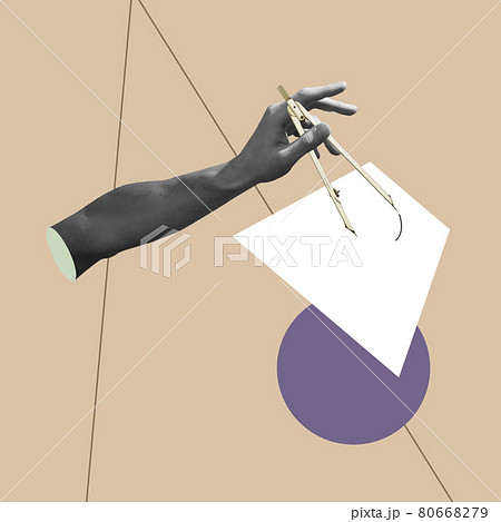 Modern design, contemporary art collage. Inspiration, idea, trendy urban magazine style. Male hand on pastel geometrical background Modern design, contemporary art collage. Inspiration, idea, trendy urban magazine style. Male hand on pastel geometrical background 80668279