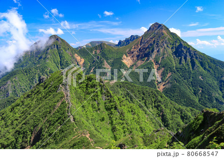 南八ヶ岳 権現岳山頂から赤岳、阿弥陀岳、横岳を望む 南八ヶ岳 権現岳山頂から赤岳、阿弥陀岳、横岳を望む 80668547