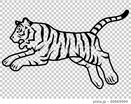 虎のシルエットもしくは線画のイラスト素材 横向き ジャンプのイラスト素材