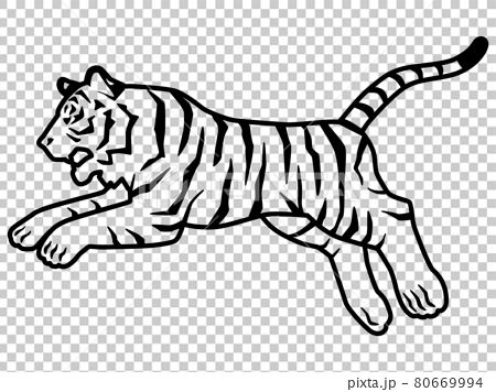 虎のシルエットもしくは線画のイラスト素材 横向き ジャンプのイラスト素材