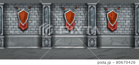 Medieval stone wall seamless texture, brick castle dungeon background, wooden shield, sword, flag Medieval stone wall seamless texture, brick castle dungeon background, wooden shield, sword, flag 80670426