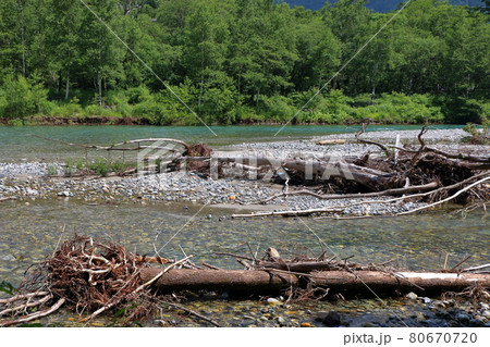 The  Azusa River in Kamikochi, a highland valley inside the Chubu-Sangaku National Park in the Hida Mountains range of the northern Japanese Alps in Nagano Prefecture, Japan. 80670720