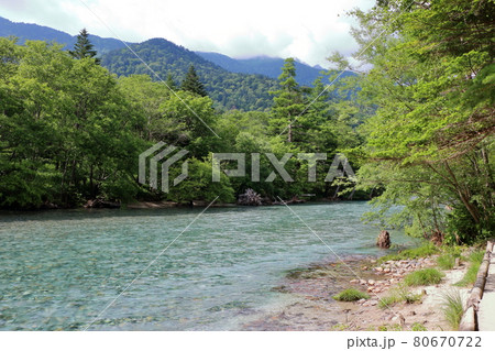 The Azusa River in Kamikochi, a highland valley inside the Chubu-Sangaku National Park in the Hida Mountains range of the northern Japanese Alps in Nagano Prefecture, Japan. The Azusa River in Kamikochi, a highland valley inside the Chubu-Sangaku National Park in the Hida Mountains range of the northern Japanese Alps in Nagano Prefecture, Japan. 80670722