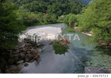 The  Azusa River in Kamikochi, a highland valley inside the Chubu-Sangaku National Park in the Hida Mountains range of the northern Japanese Alps in Nagano Prefecture, Japan. 80670723