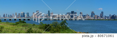 大パノラマ 大阪梅田と中之島ビル群そしてBoeing 787-8 Dreamliner 羽田-伊丹 80671061