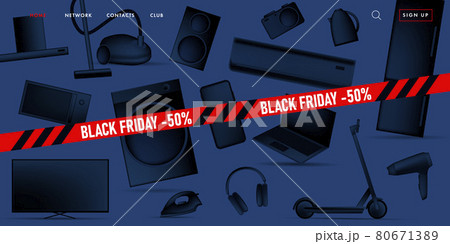 Black Friday sale advertiving banner on promo landing page with 3d illustration of different home and smart electronic devices, black gradient stylized objects with red ribbon 80671389