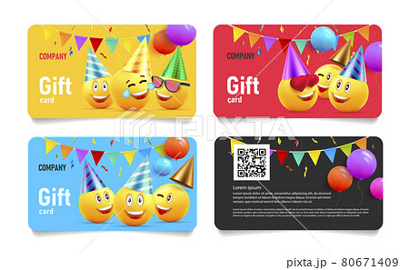 Set of birthday gift cards, template layout with funny illustration of yellow heads in hats with balloons and festive flags Set of birthday gift cards, template layout with funny illustration of yellow heads in hats with balloons and festive flags 80671409