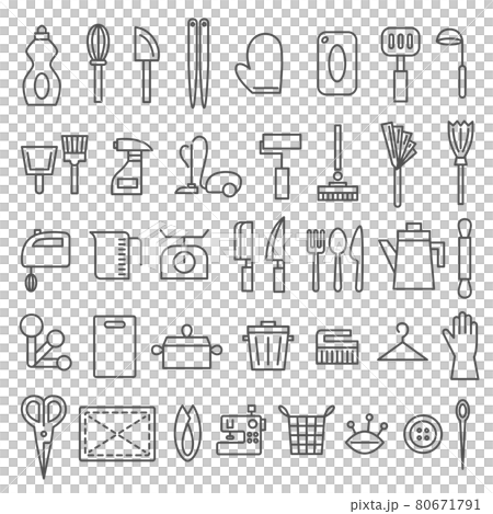日用品 アイコンセット 家電 掃除機 ミシン ポット まな板 雑巾 箒 裁縫道具 石鹸 ゴミ箱等 80671791