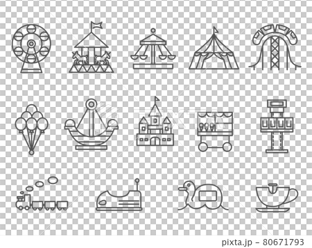 Amusement park playground equipment illustration icon set Ferris wheel roller coaster thrill ride merry-go-round etc. Amusement park playground equipment illustration icon set Ferris wheel roller coaster thrill ride merry-go-round etc. 80671793