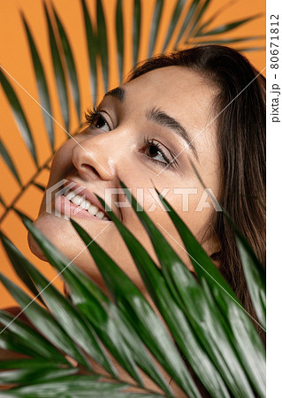 Happy smiling positive plus size woman. Face close up. Pretty caucasian female model at studio. Concept of beauty, body, skin care Happy smiling positive plus size woman. Face close up. Pretty caucasian female model at studio. Concept of beauty, body, skin care 80671812