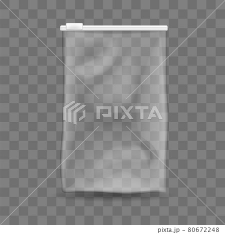 Polythene empty bag isolated template. Transparent packet with white adjustable zipper Polythene empty bag isolated template. Transparent packet with white adjustable zipper 80672248