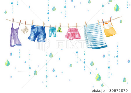 雨の日のクリップで止めた洗濯物の水彩イラスト スカート タオル 靴下 パンツ デニム 子供服など のイラスト素材