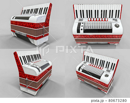 Set Red and white accordion on grey isolated background. 3d illustration. 80673280