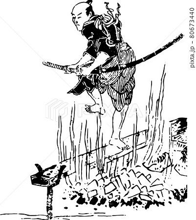 江戸のマジシャン：熱した鉄に乗る手品師のイラスト素材 [80673440
