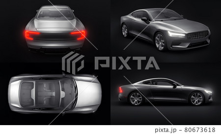 3d illustration. Concept car sports premium coupe. Plug-in hybrid. Technologies of eco-friendly transport. Black car on Black background. 3d rendering. 3d illustration. Concept car sports premium coupe. Plug-in hybrid. Technologies of eco-friendly transport. Black car on Black background. 3d rendering. 80673618