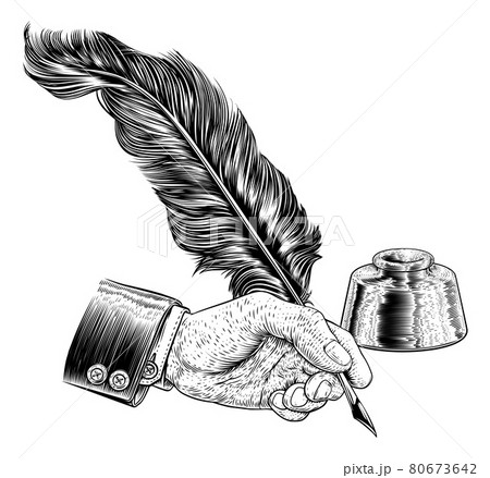 Quill Feather Ink Pen Hand Suit Vintage Woodcut 80673642