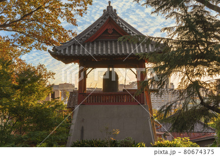 [東京・上野] 大仏山の麓にある松尾芭蕉の俳句に現れる上野公園の寛永寺時鐘堂のクローズアップ撮影。 80674375