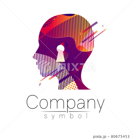 Modern head logo of Company Brand . Profile Human with keyhole . Fluid style. Logotype in vector. Design concept. Gradient liquid isolated on white background. Abstract geometric shapes. Red violet 80675453