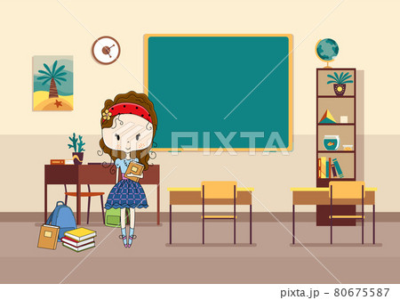 Classroom with pupil. Primary school kid. Modern interior for education. Girl character ready to study. Place to acquisition of knowledge 80675587
