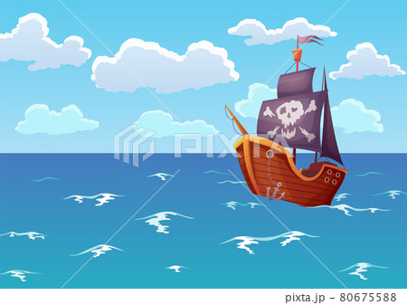 Pirate wooden ship in ocean. Advertising of tropical sea landscape with antique sailboat. Solitude yacht with skull sail dissecting sea waves 80675588