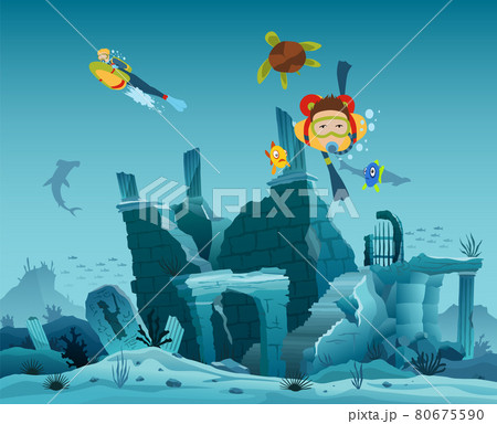 Underwater ruins of the old city. Diver explorers and reef underwater wildlife. Silhouette of coral reef with fish and scuba diver on a blue sea background. Underwater marine wildlife Underwater ruins of the old city. Diver explorers and reef underwater wildlife. Silhouette of coral reef with fish and scuba diver on a blue sea background. Underwater marine wildlife 80675590